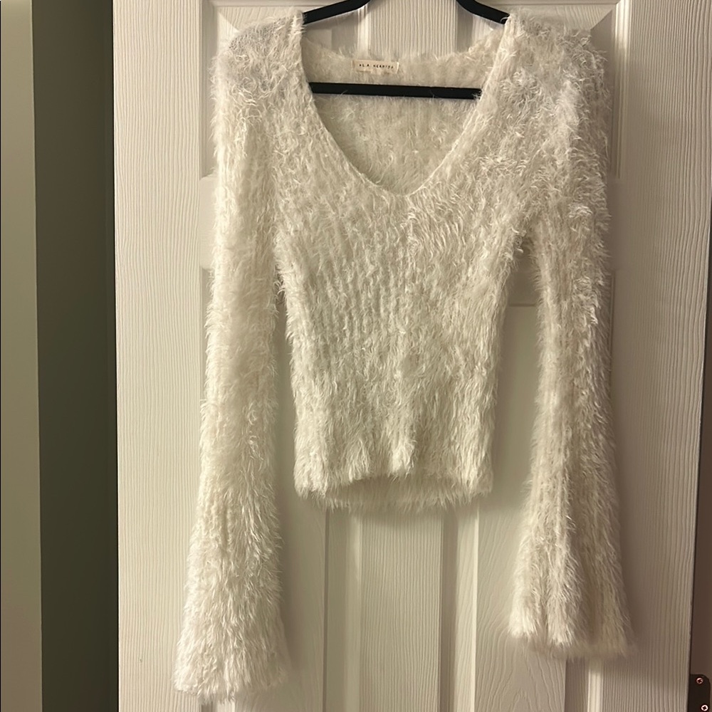 White Fuzzy V-Neck Sweater